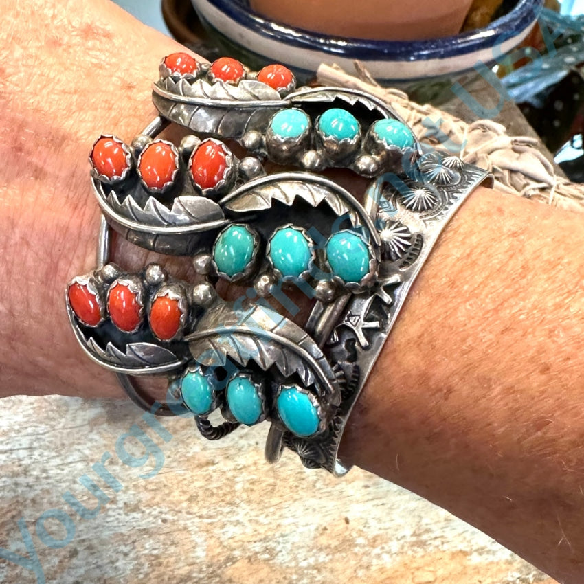 Vintage Zuni Sterling Silver Turquoise Coral Bracelet Miriam Chuyate