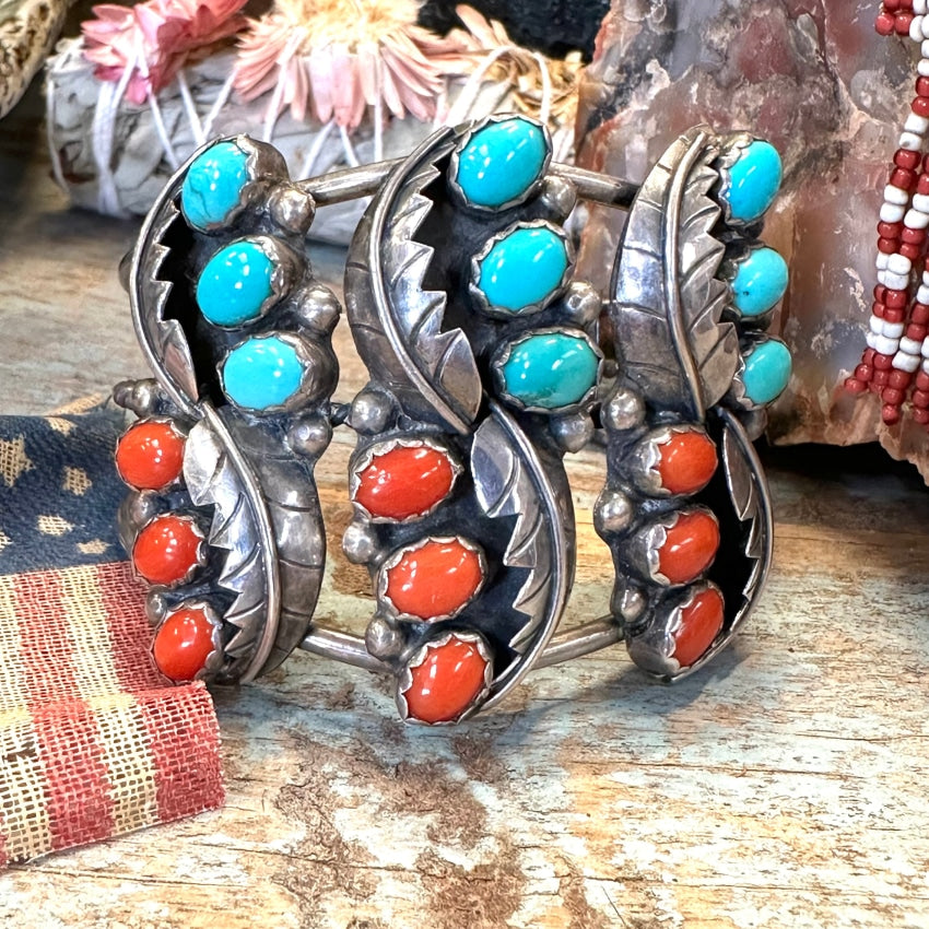 Vintage Zuni Sterling Silver Turquoise Coral Bracelet Miriam Chuyate