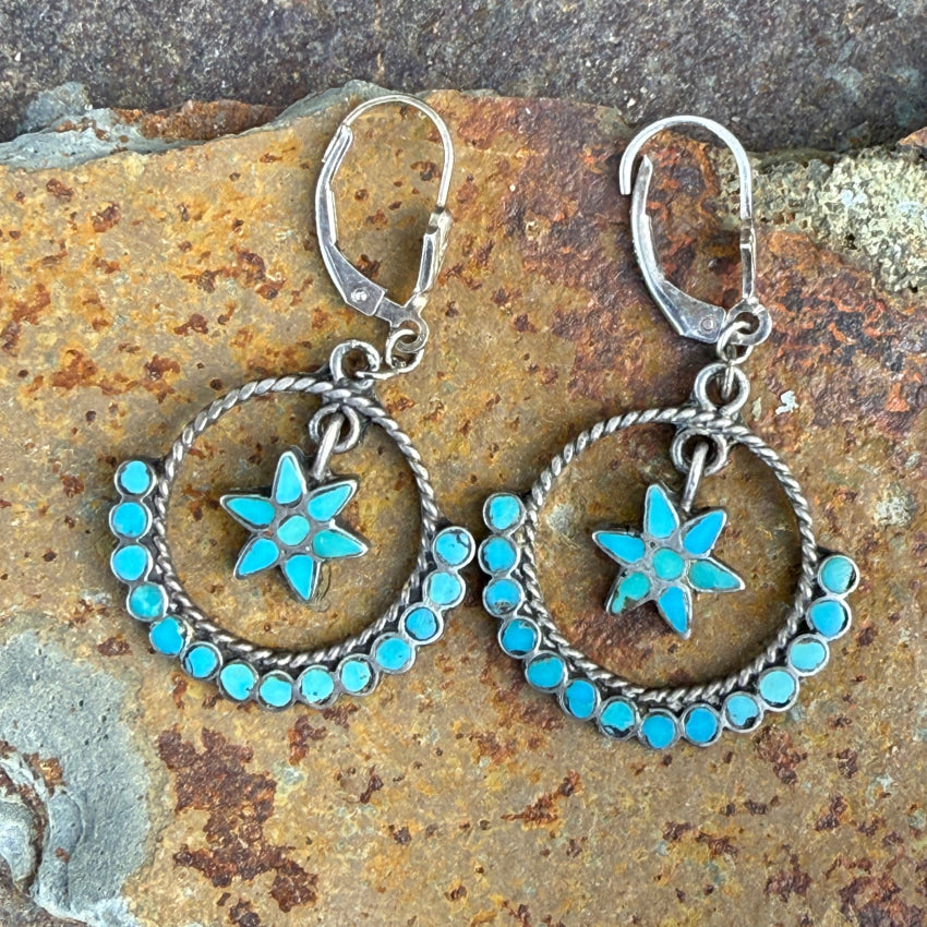 Vintage Zuni Sterling Silver Turquoise Dots Pierced Hoop Earrings Earrings