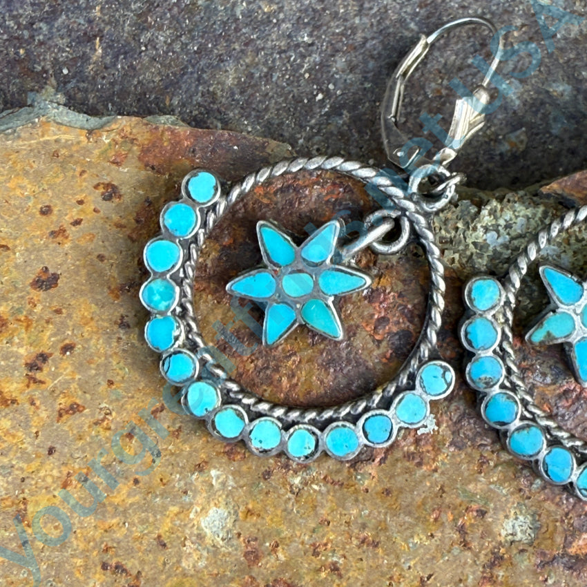 Vintage Zuni Sterling Silver Turquoise Dots Pierced Hoop Earrings Earrings