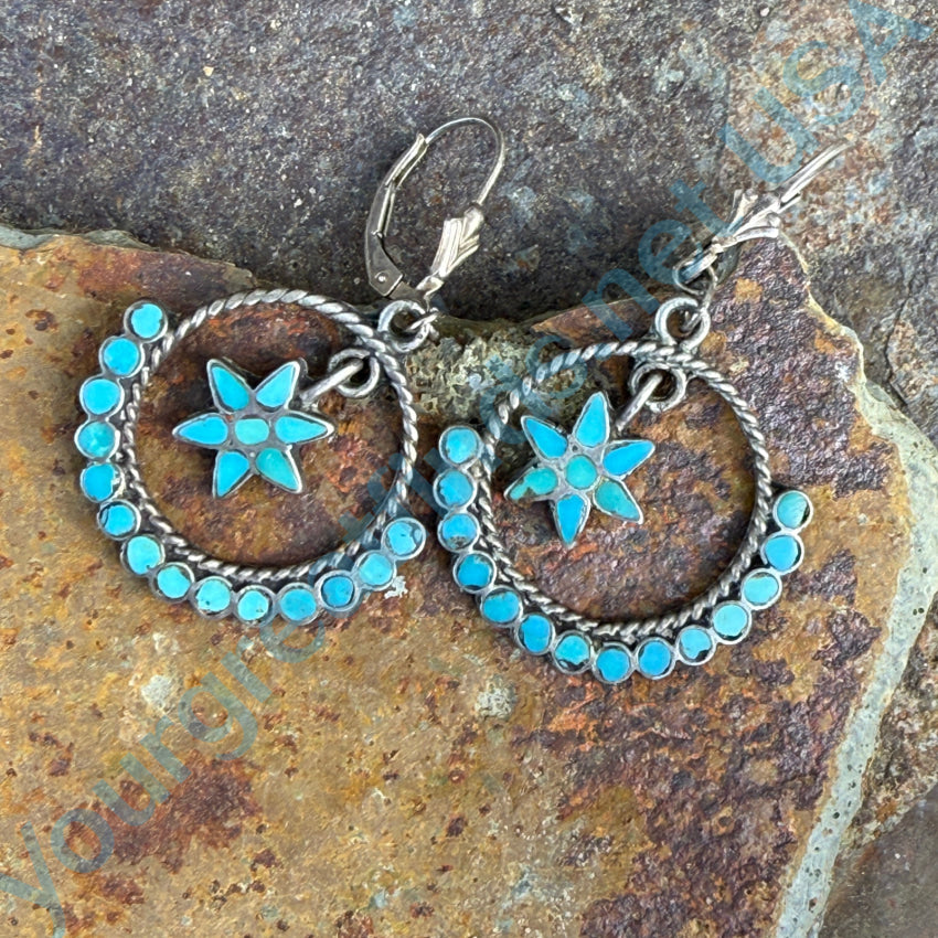 Vintage Zuni Sterling Silver Turquoise Dots Pierced Hoop Earrings Earrings