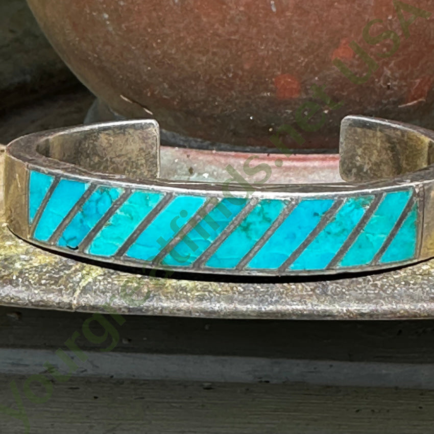 Vintage Zuni Sterling Silver & Turquoise Inlay Cuff Bracelet Bracelet
