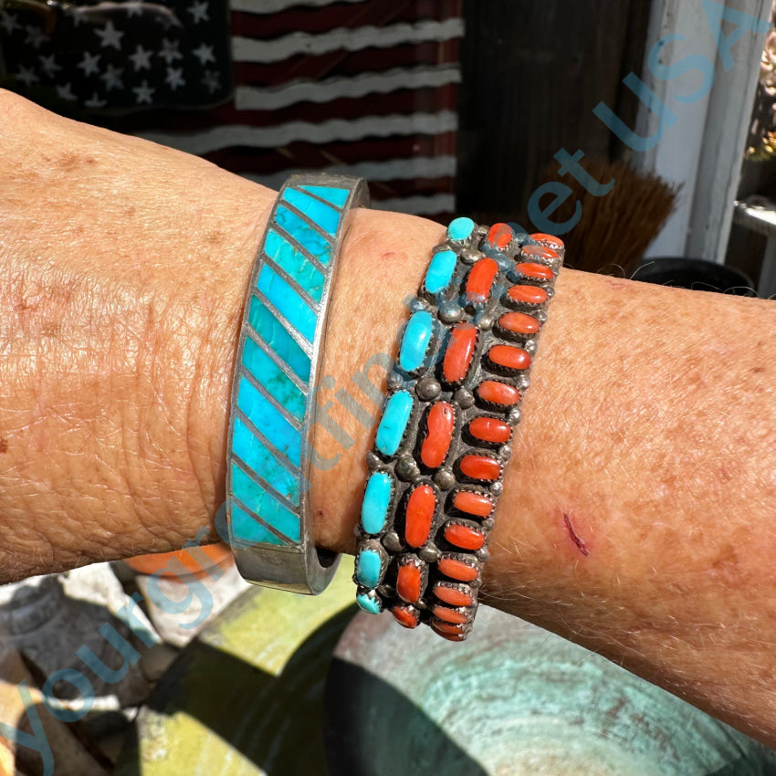 Vintage Zuni Sterling Silver & Turquoise Inlay Cuff Bracelet Bracelet