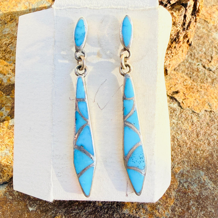 Vintage Zuni Sterling Silver Turquoise Inlay Fish Scales Earrings earrings