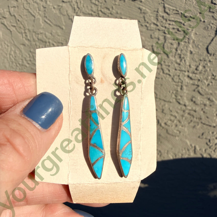 Vintage Zuni Sterling Silver Turquoise Inlay Fish Scales Earrings earrings