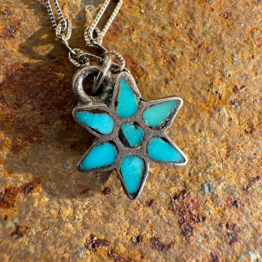 Vintage Zuni Sterling Silver & Turquoise Inlay Flower Necklace Necklace