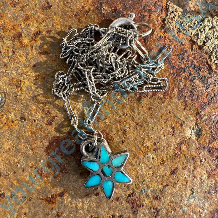 Vintage Zuni Sterling Silver & Turquoise Inlay Flower Necklace Necklace