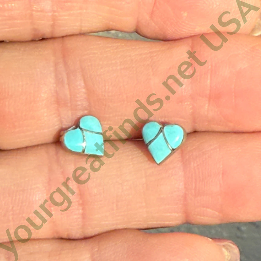 Vintage Zuni Sterling Silver Turquoise Inlay Heart Post Pierced Stud Earrings earrings