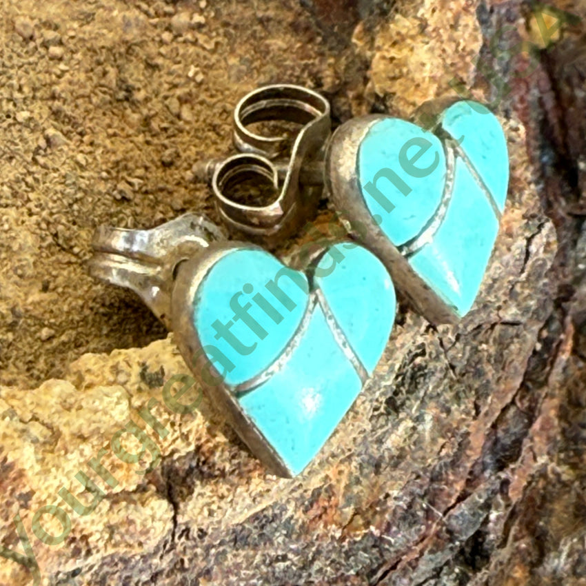 Vintage Zuni Sterling Silver Turquoise Inlay Heart Post Pierced Stud Earrings earrings