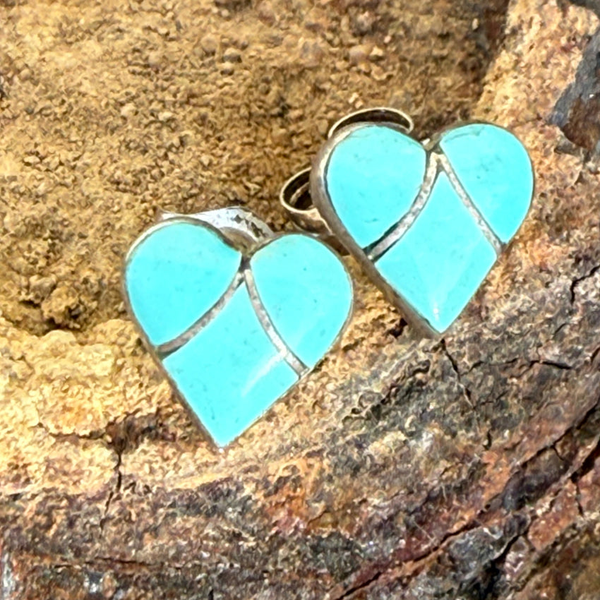 Vintage Zuni Sterling Silver Turquoise Inlay Heart Post Pierced Stud Earrings earrings