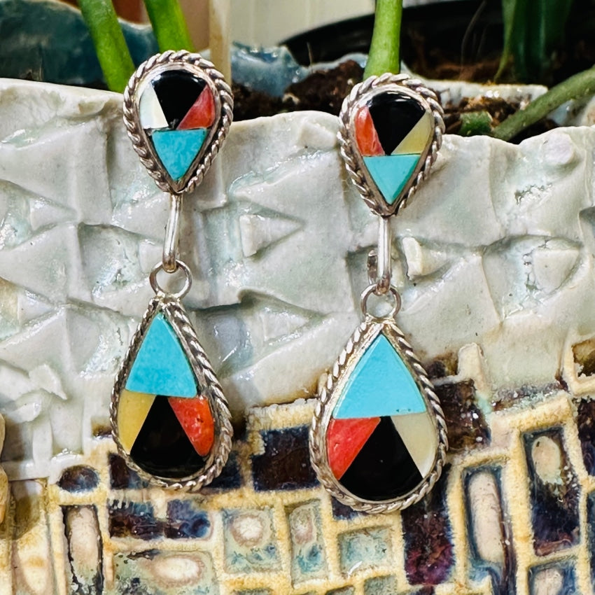 Vintage Zuni Sterling Silver Turquoise Inlay Pierced Earrings
