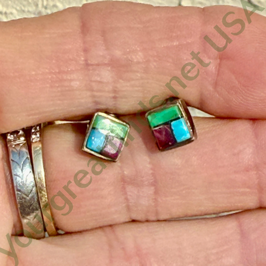 Vintage Zuni Sterling Silver Turquoise Inlay Post Pierced Stud Earrings earrings