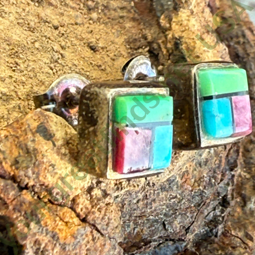 Vintage Zuni Sterling Silver Turquoise Inlay Post Pierced Stud Earrings earrings