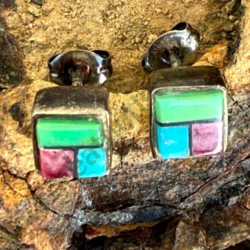 Vintage Zuni Sterling Silver Turquoise Inlay Post Pierced Stud Earrings earrings