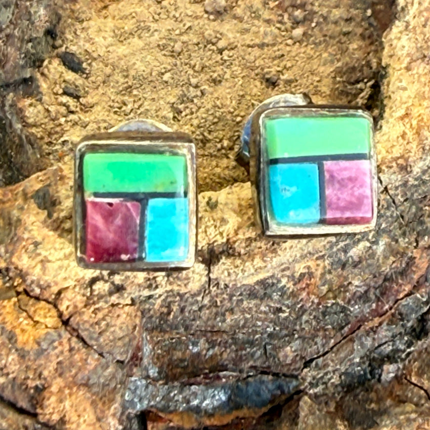 Vintage Zuni Sterling Silver Turquoise Inlay Post Pierced Stud Earrings earrings