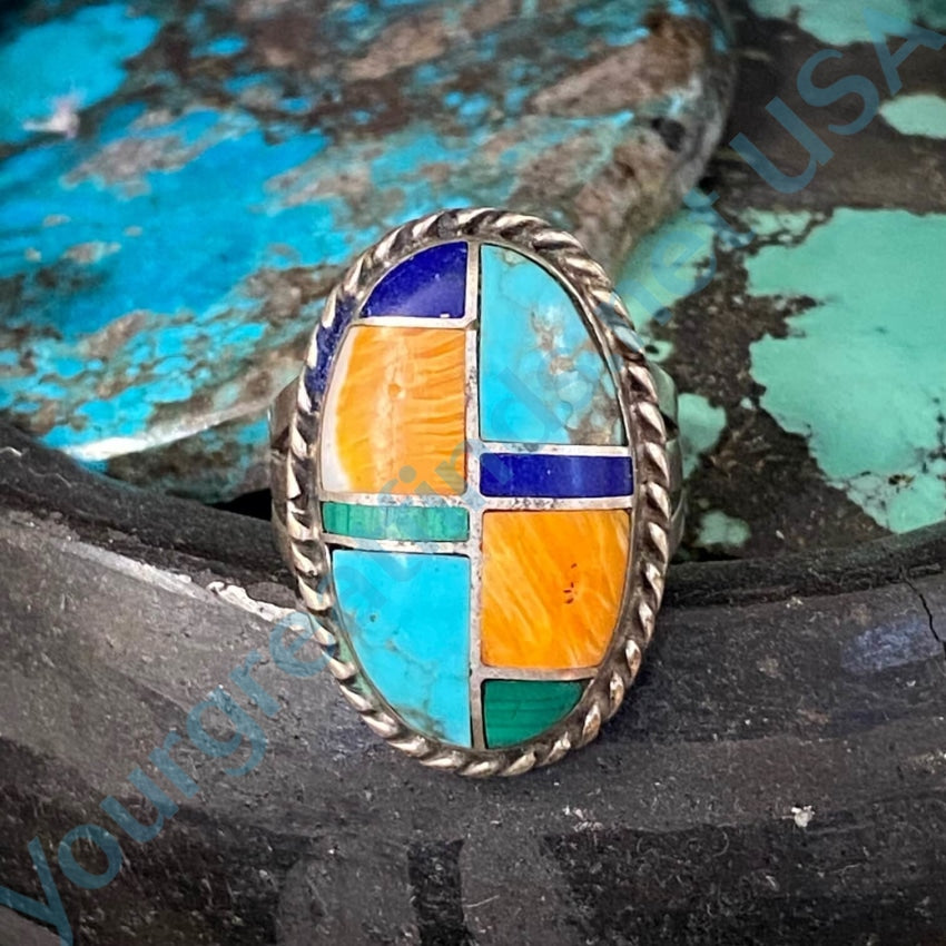 Vintage Zuni Sterling Silver Turquoise Inlay Ring Size 8