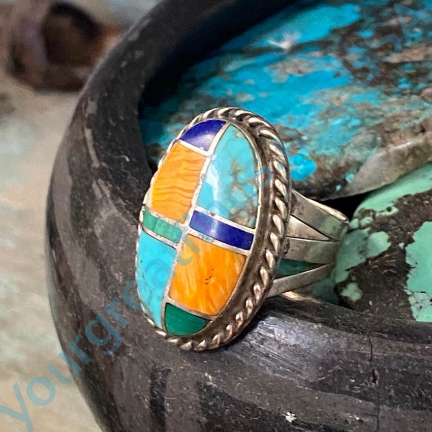 Vintage Zuni Sterling Silver Turquoise Inlay Ring Size 8