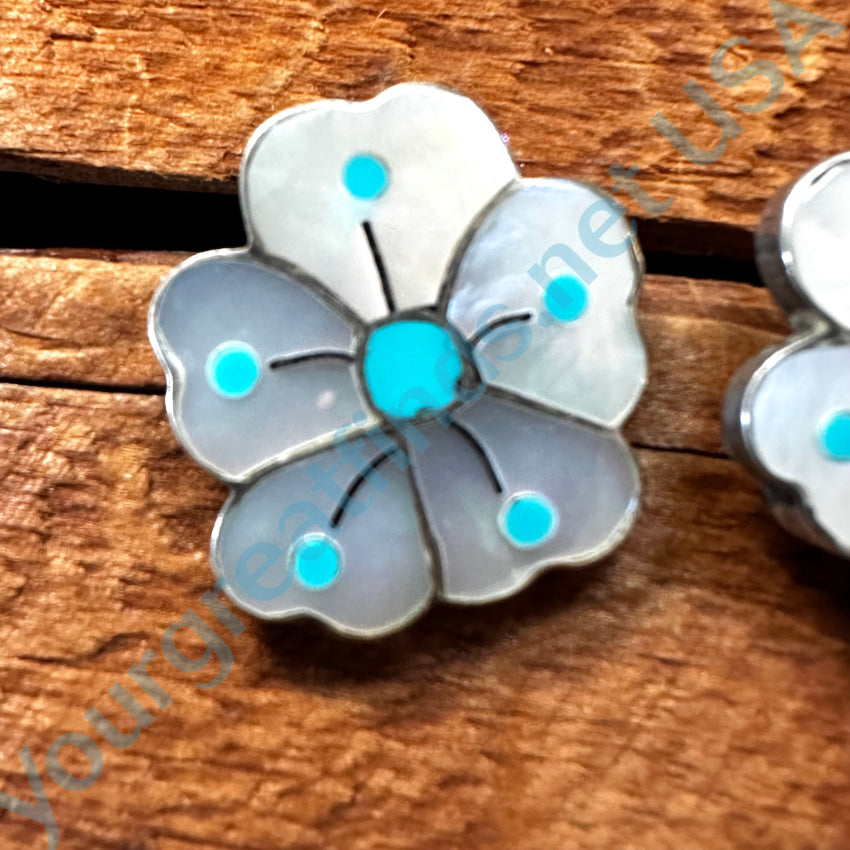 Vintage Zuni Sterling Silver Turquoise Mother-Of-Pearl Flower Pierced Post Earrings Earrings