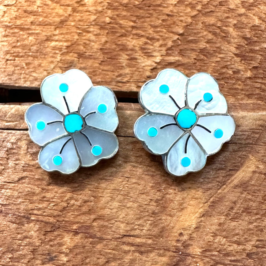 Vintage Zuni Sterling Silver Turquoise Mother-Of-Pearl Flower Pierced Post Earrings Earrings