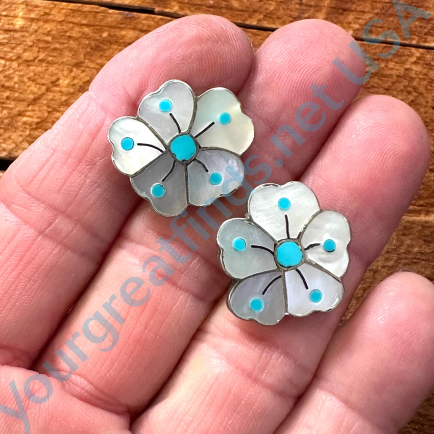 Vintage Zuni Sterling Silver Turquoise Mother-Of-Pearl Flower Pierced Post Earrings Earrings