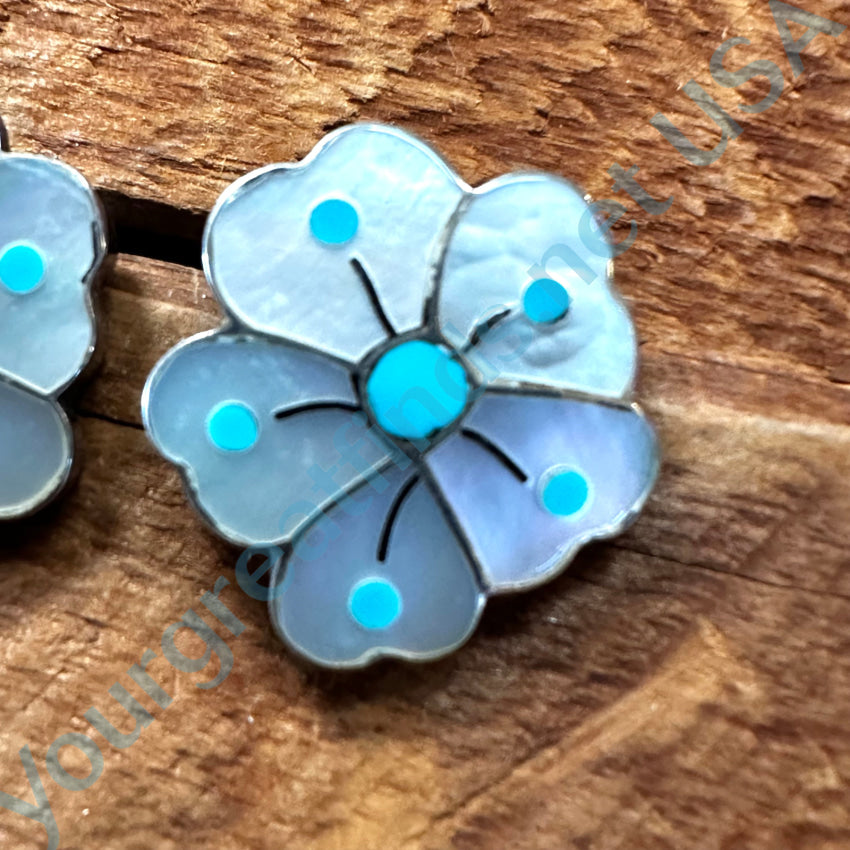 Vintage Zuni Sterling Silver Turquoise Mother-Of-Pearl Flower Pierced Post Earrings Earrings