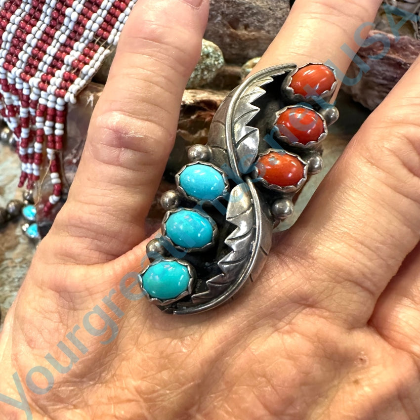 Vintage Zuni Sterling Silver Turquoise Red Coral Ring 7.5