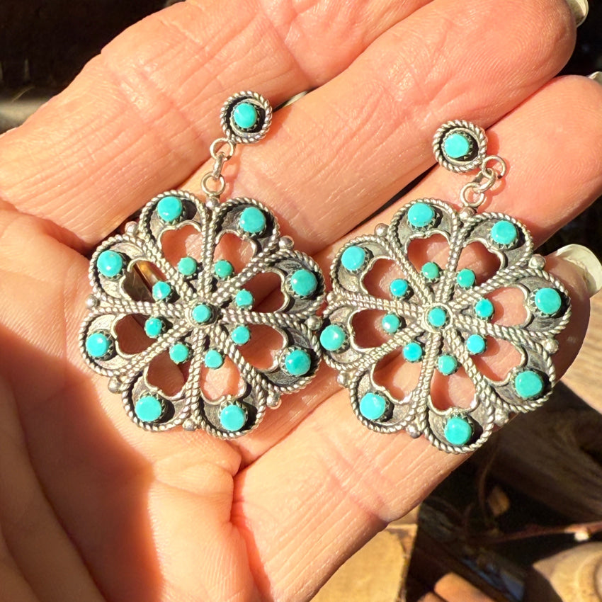 Vintage Zuni Sterling Silver & Turquoise Rosette Pierced Post Earrings earrings