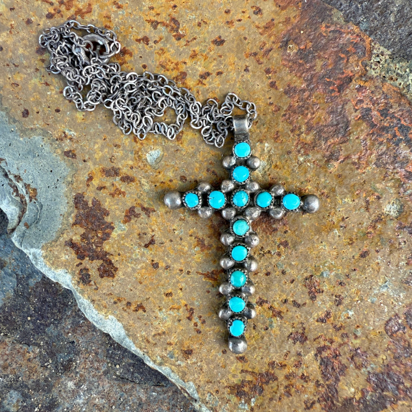 Vintage Zuni Sterling Silver Turquoise Snake Eye Holy Cross Necklace Necklace