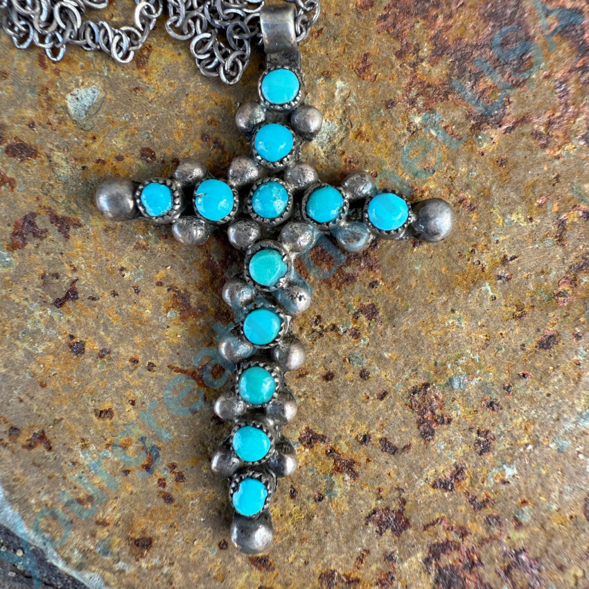 Vintage Zuni Sterling Silver Turquoise Snake Eye Holy Cross Necklace Necklace