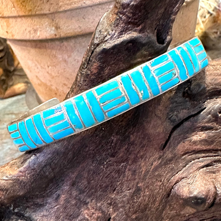 Vintage Zuni Sterling Silver Turquoise Window Pane Bracelet