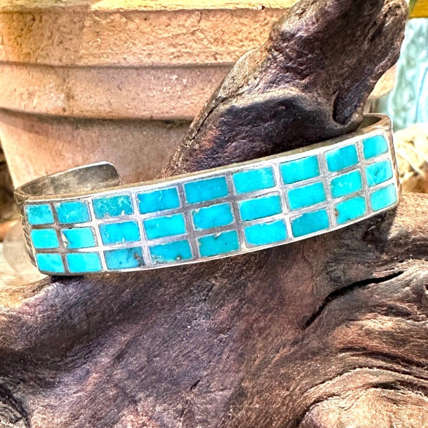 Vintage Zuni Sterling Silver Turquoise Window Pane Bracelet