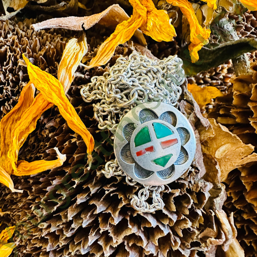 Vintage Zuni Sun God Medallion Necklace Turquoise Inlay