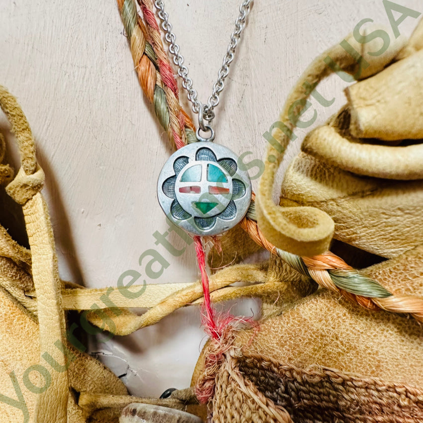 Vintage Zuni Sun God Medallion Necklace Turquoise Inlay