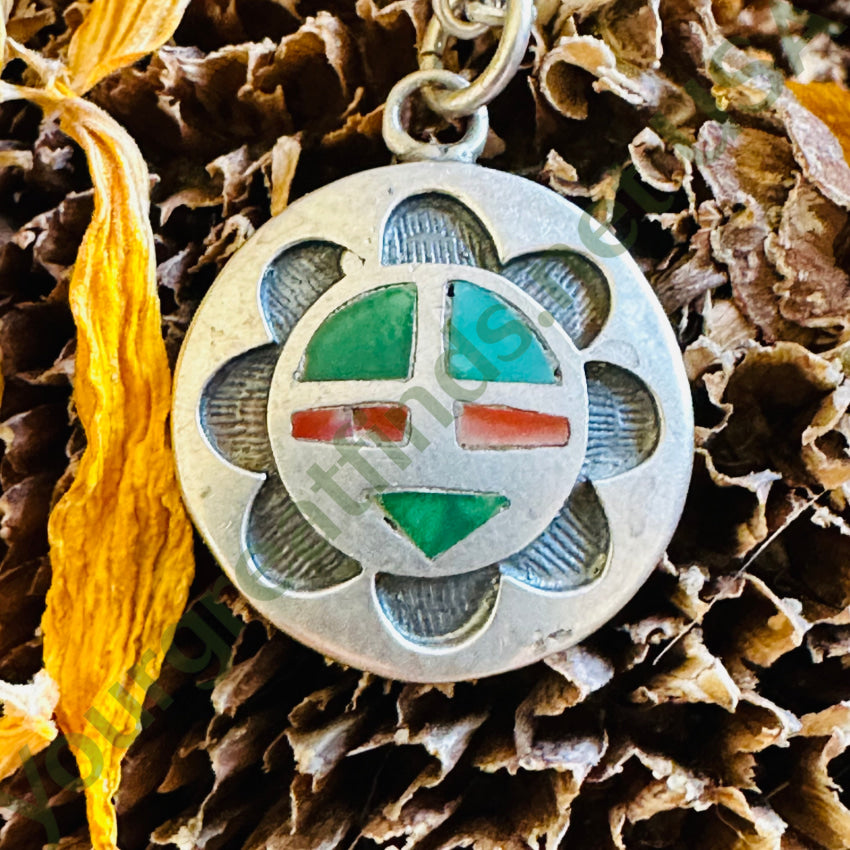 Vintage Zuni Sun God Medallion Necklace Turquoise Inlay