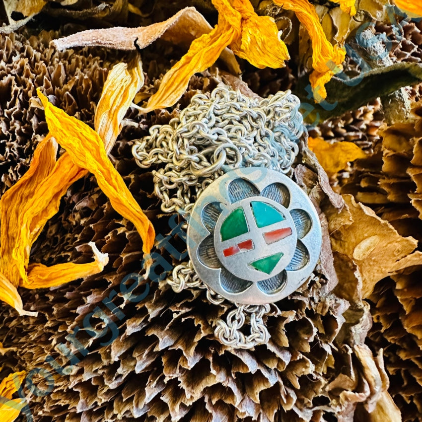 Vintage Zuni Sun God Medallion Necklace Turquoise Inlay