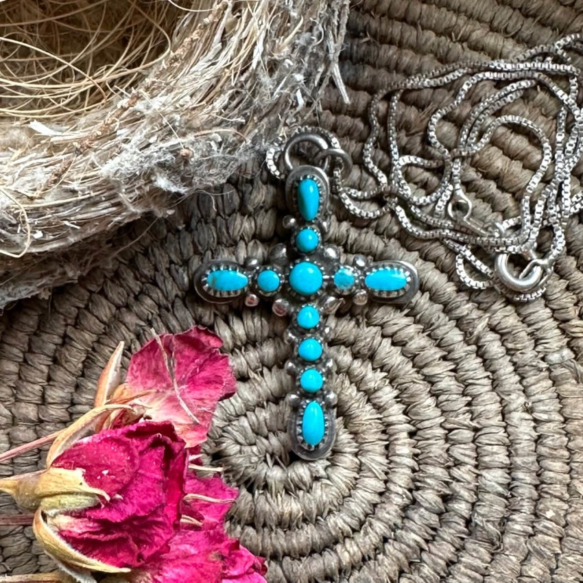 Vintage Zuni Turquoise Sterling Silver Cross Necklace