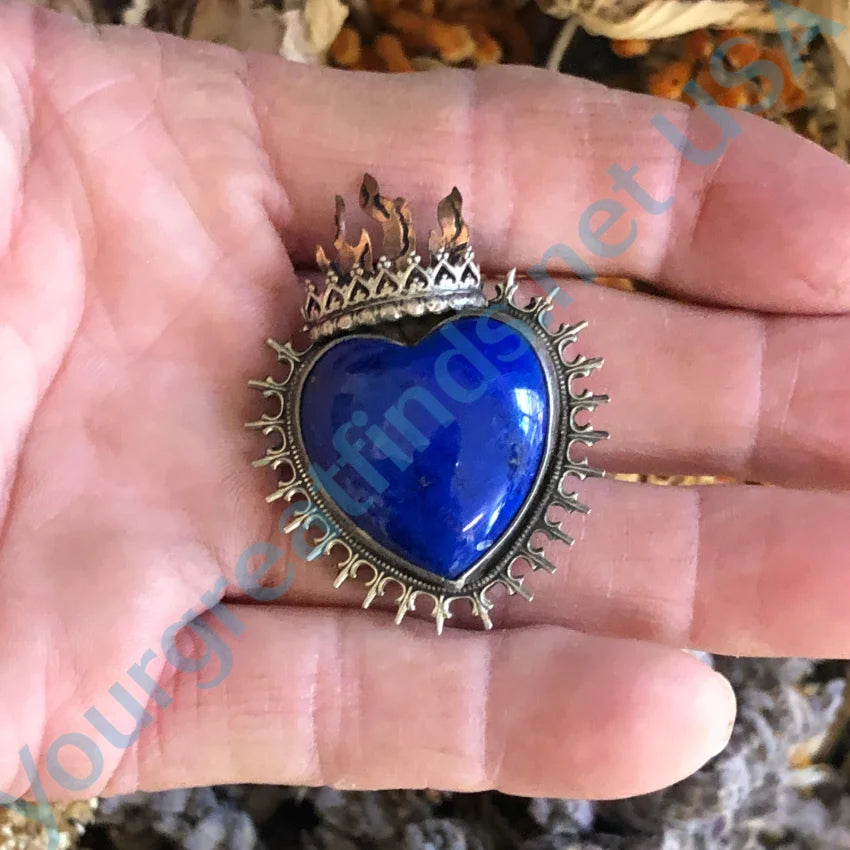 Wanda Lobito Sterling Silver Bronze Lapis Lazuli Sacred Heart Pin Pin