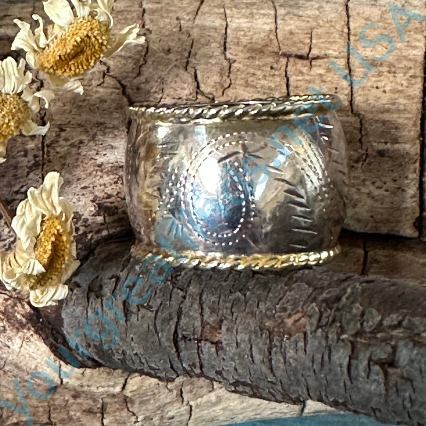 Western Etched Sterling Silver Wide Band Ring Gold Edging 7.5
