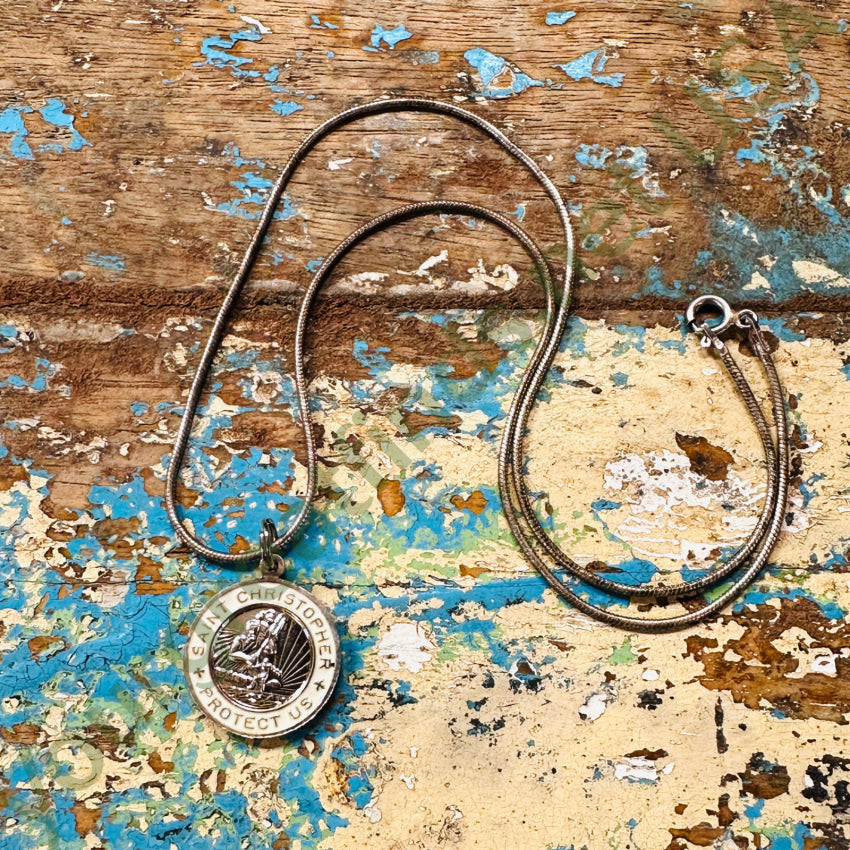 White Enameled Surfer St. Christopher Pendant & Chain Necklace Pendant