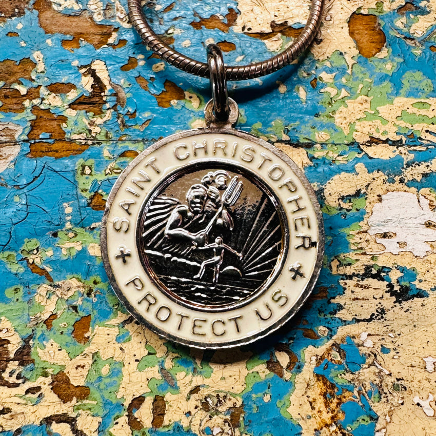 White Enameled Surfer St. Christopher Pendant & Chain Necklace Pendant