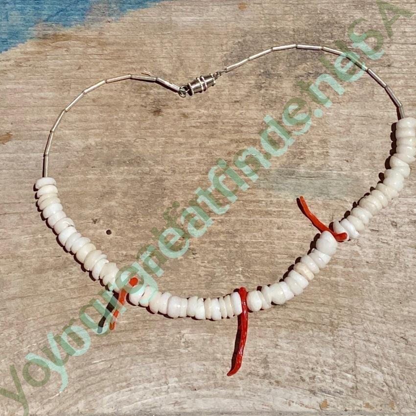 White Hawaiian Puka Shell and Red Branch Coral Choker Necklace 1970s Yourgreatfinds