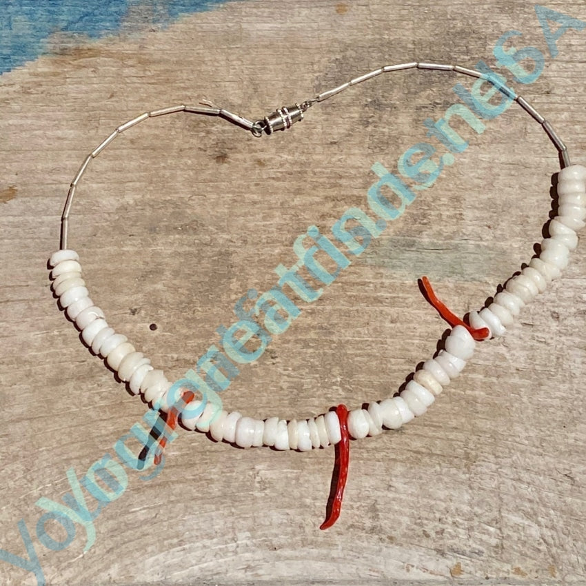 White Hawaiian Puka Shell and Red Branch Coral Choker Necklace 1970s Yourgreatfinds