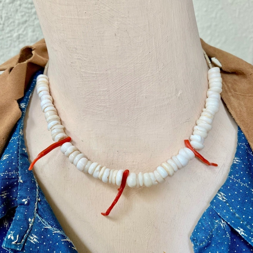 White Hawaiian Puka Shell and Red Branch Coral Choker Necklace 1970s Yourgreatfinds