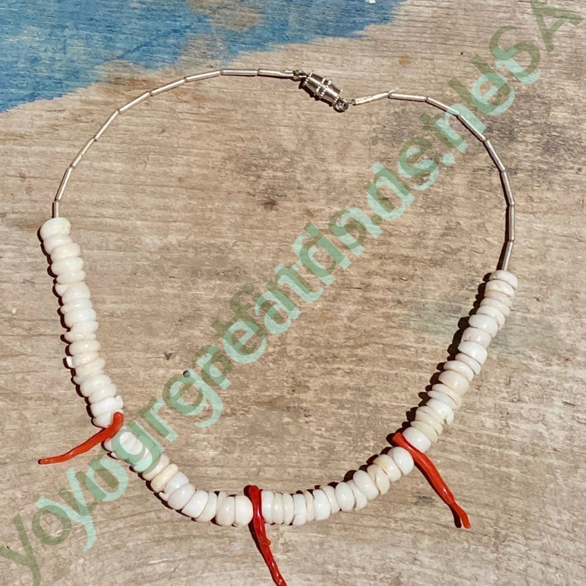 White Hawaiian Puka Shell and Red Branch Coral Choker Necklace 1970s Yourgreatfinds
