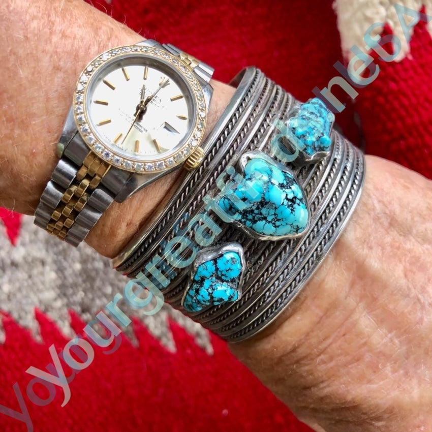 Wide Navajo Cuff Bracelet Blue Spider Web Turquoise Yourgreatfinds