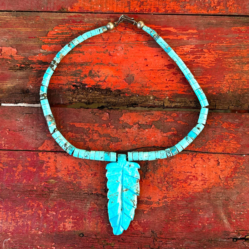 Zuni Carved Turquoise Feather & Heishi Bead Necklace Necklace