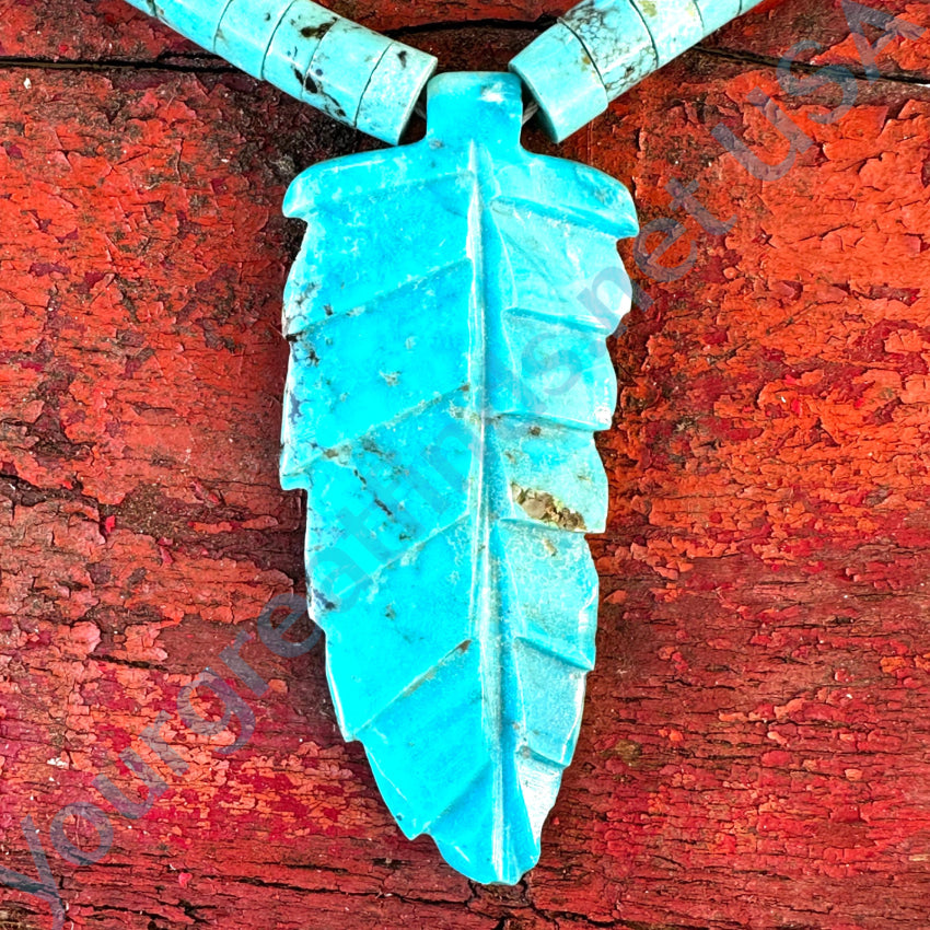 Zuni Carved Turquoise Feather & Heishi Bead Necklace Necklace