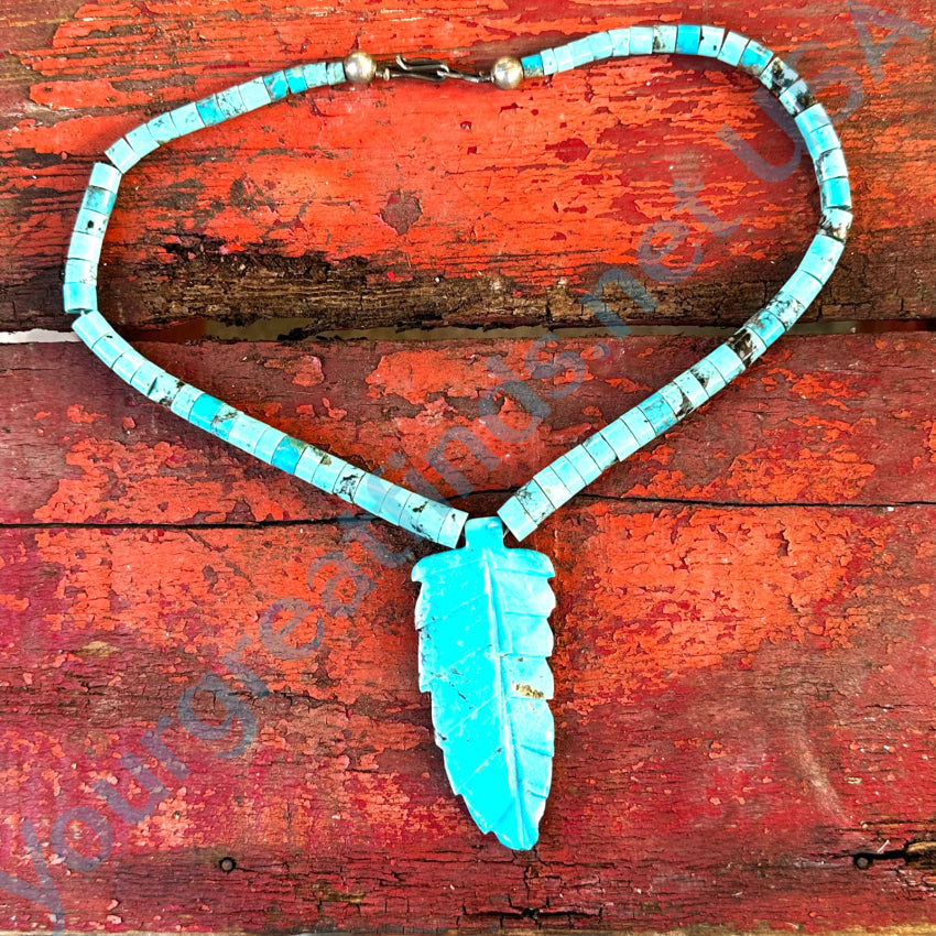 Zuni Carved Turquoise Feather & Heishi Bead Necklace Necklace