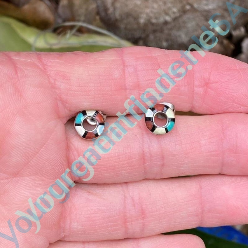 Zuni Channel Inlay Donut Pierced Earrings Turquoise and Sterling Silver Yourgreatfinds