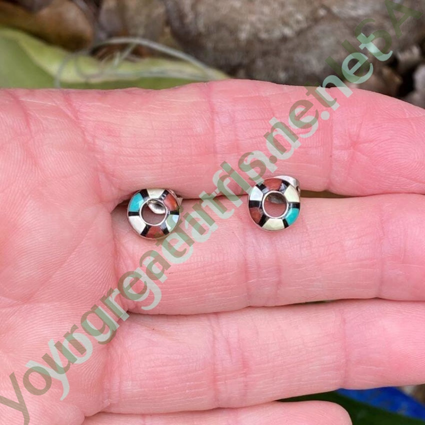 Zuni Channel Inlay Donut Pierced Earrings Turquoise and Sterling Silver Yourgreatfinds